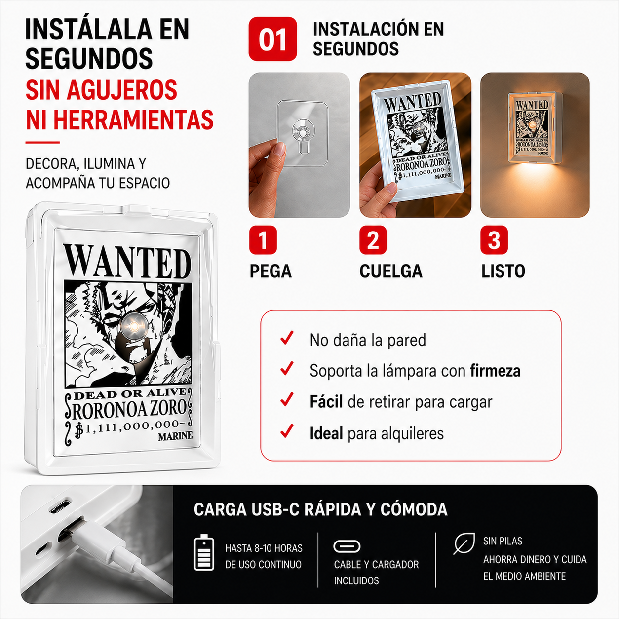 Lámpara LED de Sombra Espadachín Recargable para Pared